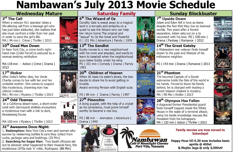 Nambawan July Movie Schedule 2013